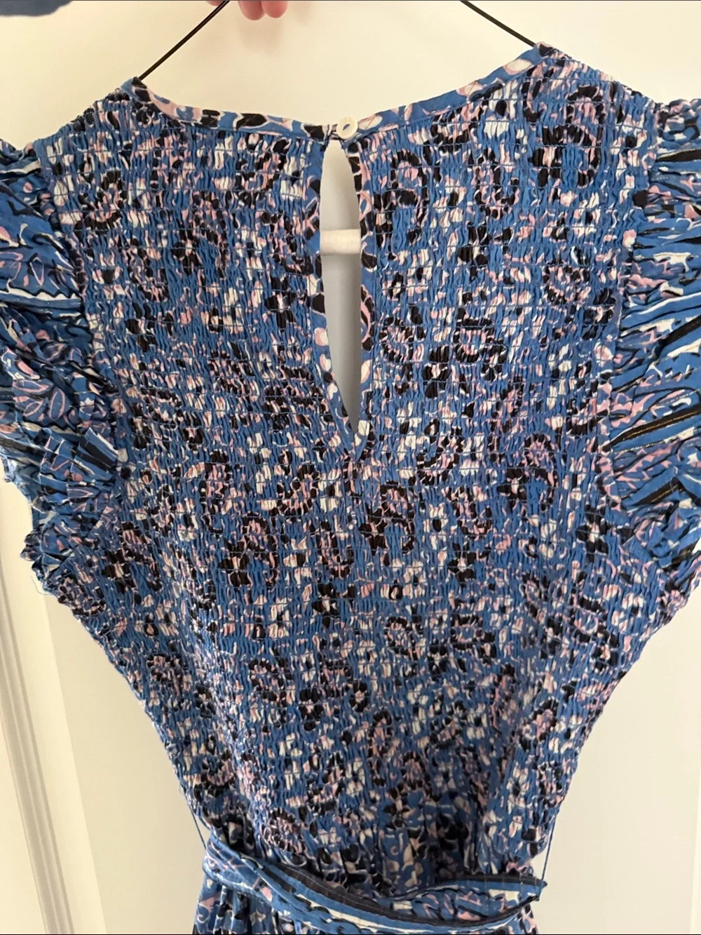 Cleobella Autumn Midi Dress blue paisley print smocked bodice flutter sleeves XS
